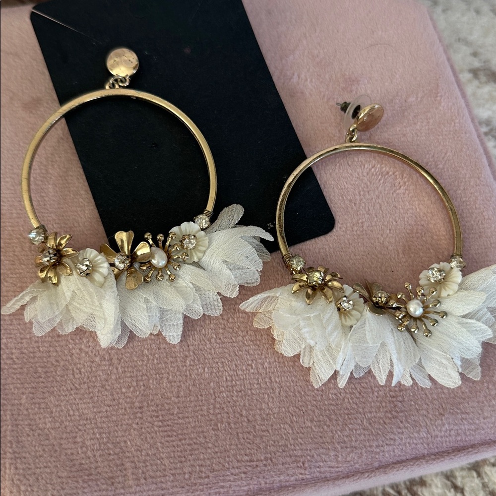Gold Floral Hoop Earrings w/ Ivory Petals & Pearl Detail | Statement Boho Bridal